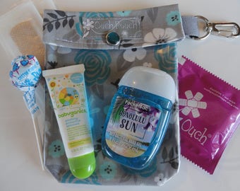 Gray & Teal Floral 4x5 Ouch Pouch with Clip Clear Front Storage Bag Inhaler Case First Aid Organizer Baby Diaper Bag Purse Backpack Lipsense