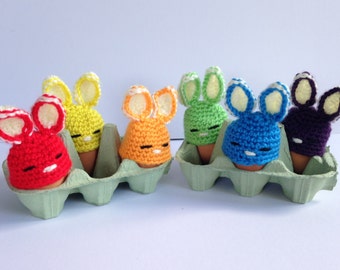 Rainbow bunny egg cozies. Crochet egg cozy. Easter Gift.