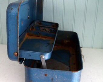 Vintage Small Blue Metal Tool Box or Tackle Box Just enough Rust Planter Child's Toolbox Crafting organizer