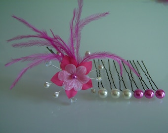 Pins/jewelry/pins/clips/bun hair accessory set pr dress bridal/wedding/party/Ceremonierose Fuchsia/ivory flower feather (cheap)