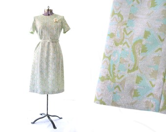1960s Dress, 60s Dress Knit Dress Grey Dress mint Green Dress Print Dress, Sheath Dress, Large Dress, Medium Womens Dress