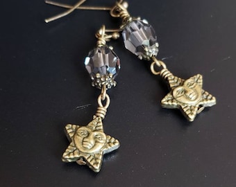 Star Earrings - Vintage Smokey Swarovski & Antiqued Brass Star Earrings