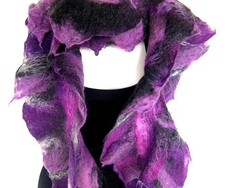 Felted Scarf, Skinny, Ruffled Wavy, Purple Anthracite Gray, Merino Wool Mohair Scarf