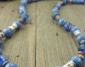 Vintage Liz Claiborne Blue Bead Necklace with Sun Design Beads