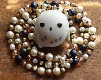 Hedwig the Owl - Long freshwater pearls and glass necklace with repurposed Hedwig the snowy owl keychain