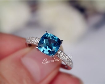Discount! 7mm Cushion Natural London Blue Topaz Ring Topaz Engagement Ring/ Wedding Ring Sterling Silver Ring Anniversary Ring Gemstone Ring