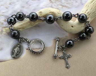 Mens rosary bracelet, hematite stone rosary bracelet, single decade rosary bracelet, catholic gift, confirmation gift, guy rosary bracelet