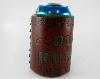 Leather Can Cooler Duck Hunter Custom Hunting Can Holder Made to Order Hand Tooled Deer Hunter Wild Boar Hunter Hand Stamped Can Holder