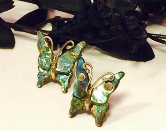 SALE Clearnce SALE Beautiful Old Mexican Butterfly Sterling Silver Mother of Pearl Vintage Earrings