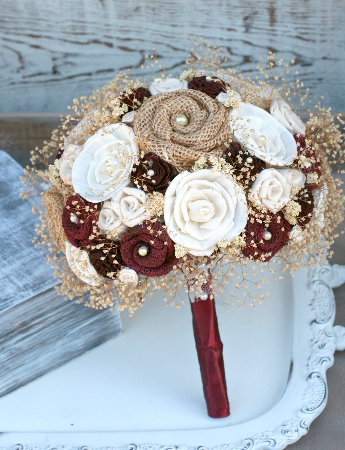 Rustic Babys Breath Maroon Wedding Bouquet // Dark Red Bridal