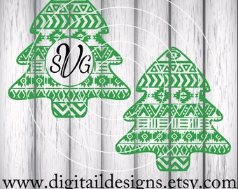 Aztec Christmas Tree Monogram Frame SVG - png - dxf - eps - fcm - ai - Cut file - Silhouette - Cricut - Christmas Tree SVG -Tribal Christmas