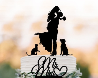 Wedding Cake topper with dog and cat, silhouette wedding cake toppers, two tier wedding cake toppers with pets mr and mrs cake topper