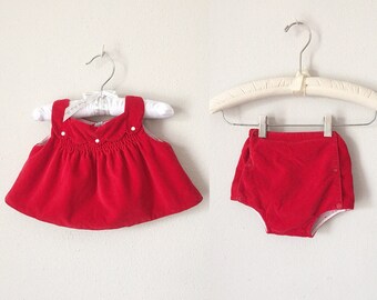 Vintage 50s Baby Dress Set - 1950s 1960s Baby Girl Red Velvet Smocked Dress 2 Piece Set 9 12 Months Winter Christmas Infant