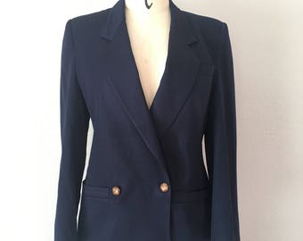 Vintage 80s Alfred Sung Navy Double Breasted Broad Shoulder Blazer