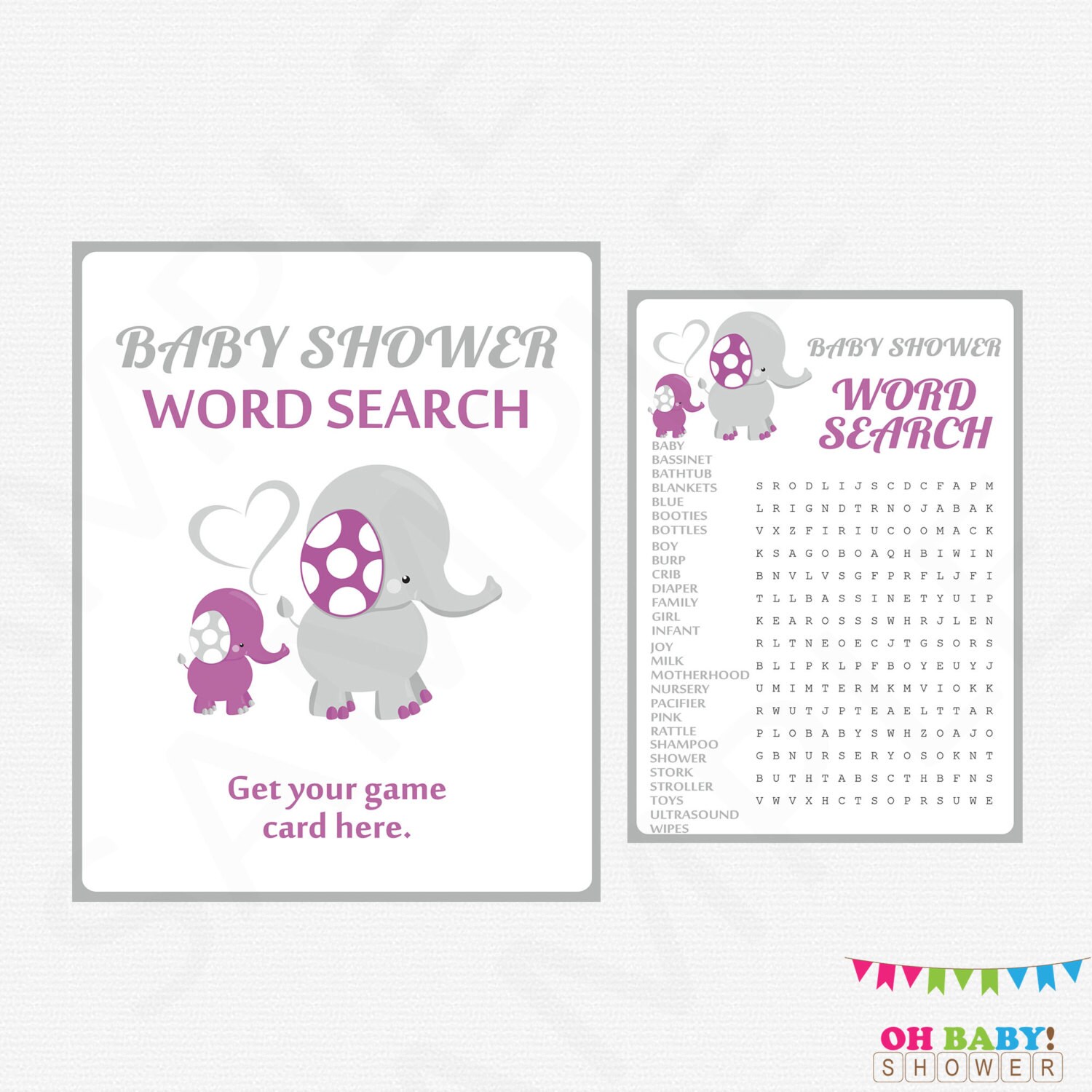 Purple And Gray Elephant Baby Shower Games Word Search Game Il Fullxfull Purple And Gray Elephant Baby Shower
