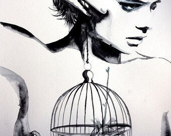 Original Watercolor Painting . Girl Portrait painting of a beautiful naked young girl portrait. Cage. Heart.