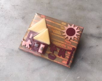 Vintage Handmade House Pin by Lucinda Yates Brooch Glossy Enamel // Pink + Maroon Dog, Sun, Clothesline // 3D Jewelry Avant Garde Signed Art