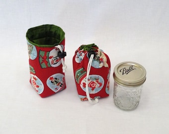 READY TO SHIP Mason Jar Carrier Bag, Half Pint single Jars to Go Christmas print cozy gift bag
