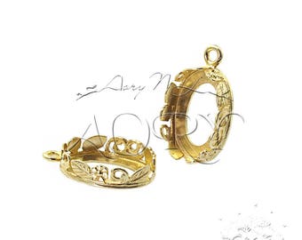 1pcs Brass Flowers and Leaves Crown Bezel Setting for 14x10mm Oval Shape Cabochon, 1209BR, Shiny Brass Color, Made in Israel