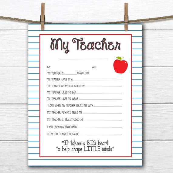 Notebook Paper All About My Teacher Teacher Appreciation