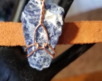 Leather Cuff Bracelet with Copper Wrapped Raw Sodalite