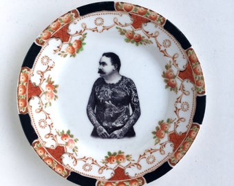 Vintage Victorian Moustache Tattooed Man Plate Altered Art