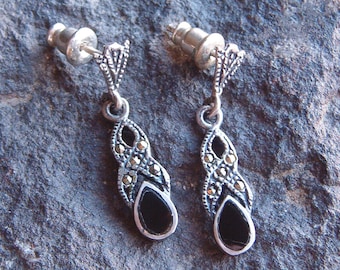 Earrings, Marcasite Earrings, Vintage Sterling Silver Marcasite and Black Onyx Dangle Earrings