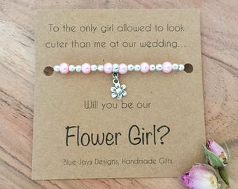 Pink Pearl Bracelet, Boho Bridesmaid, Barn Wedding, Flower Girl Gift Box, Bridesmaid Jewelry, Fall Wedding, Will You Be My, Flower Girl