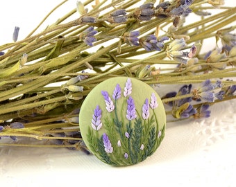 Lavender Brooch - Round small floral brooch - Polymer clay jewelry- Brooch with lavender - Applique -Handmade
