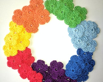 Crochet flowers applique Rainbow,set of 35 flowers,size 1 inch,Seven colours,scrapbooking, party decorations
