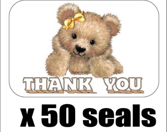 50 Cute Bear Thank You Envelope Seals / Labels / Stickers, 1" by 1.5"