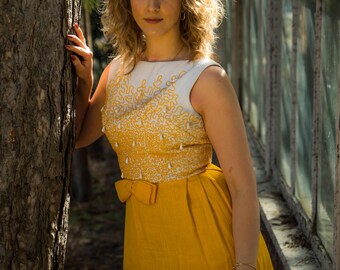 Vintage Handmade 1960s Sleeveless Yellow Beaded Floor Length Empire Evening Gown Prom Dress