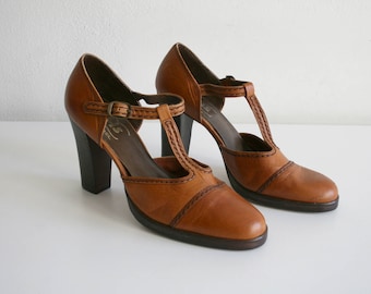 T-Strap Leather Heels 7.5
