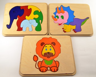 Set of 3 wooden puzzle Baby & Toddler Toys Montessori toy Wooden toys Travel toys Busy toys Animal puzzle Elephants family Waldorf toys Gift