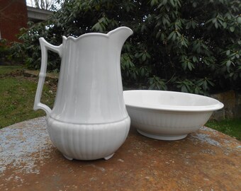 Large White Ironstone Pitcher and Bowl Matching Set Wedgwood and Co England Ewer and Wash Basin Royal Stone China Antique Vase Farmhouse