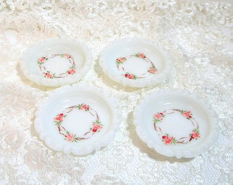 Milk Glass Coasters Hand Painted Roses, Set of Four