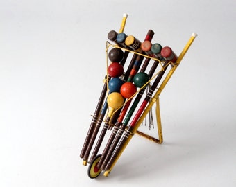vintage croquet set, mid-century lawn game with cart