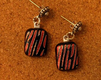 Dichroic Post Earrings - Fused Glass Earrings - Dichroic Jewelry - Fused Glass Jewelry - Post Earrings - Red and Black Earrings