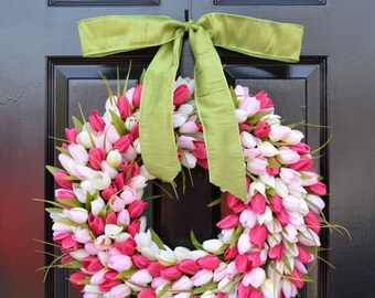 SUMMER WREATH SALE Spring Wreath- Tulip Wreath- Spring Decor- Pretty in Pink- Outdoor Wreath- Spring Wreaths- Pink Tulips