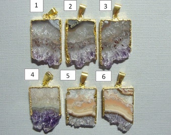 Amethyst Slice Gold Electroplated Pendant, Amethyst Stalacite,Vertical Quality Amethyst Slice Gold Pendant, a12-2
