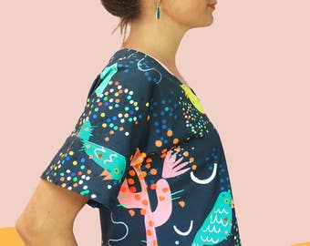Navy Prickly Feathers 100% Organic Jersey Cotton Ladies Top