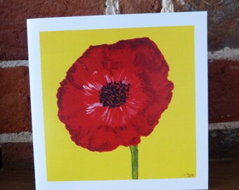 Red Poppy on yellow - greeting card