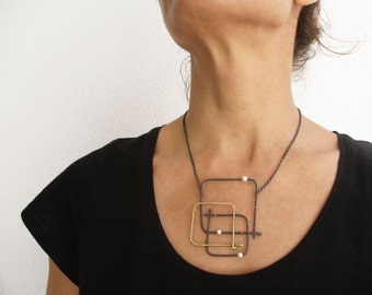 Contemporary Oxidized Silver Necklace - Square Geometric Necklace - Arty Statement Necklace - Asymmetric Pearl Necklace - Artistic Jewelry