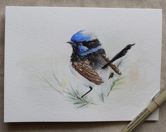 Blue Fairy Wren watercolor card-print