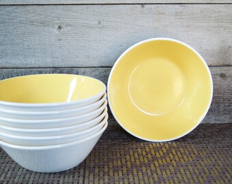 MIKASA DUPLEX DUET Fruit Dessert Sauce Bowls, Ben Seibel, Retro 70s Vintage Dinnerware, Bright Yellow, White Interior Bowl, Flowers, Floral,