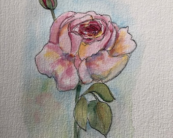 An Original Pen and Ink and Watercolor, Rose