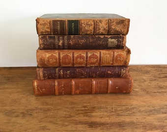 Lot 5 Decorative shabby antique vintage Brown Leather Hardcover Books. BOOK STACK Photo Prop. steampunk victorian medieval