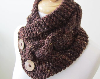 Knit Neck Warmer, Cable Knit Scarf, Chunky Warm Winter Scarf in Sequoia 6" x 25" - Coconut Shell Buttons Ready to Ship - Direct Checkout