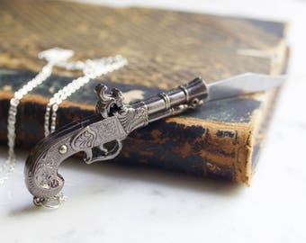 Silver Flintlock Pistol Gun Pocket Knife Necklace