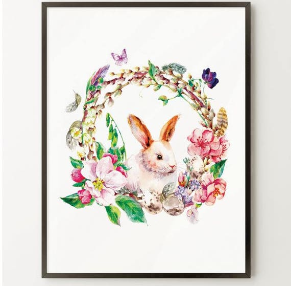 Download bunny nursery painting/watercolor rabbit print/flower bunny